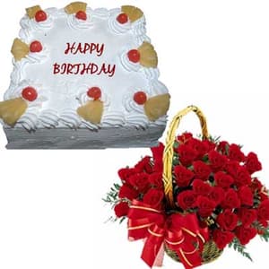 1Kg Pineapple Cake with 25 Red Roses Basket